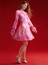 MOTF PREMIUM WOMEN'S STAND COLLAR RUFFLE LONG SLEEVE DRESS WITH FLORAL PRINT DESIGN